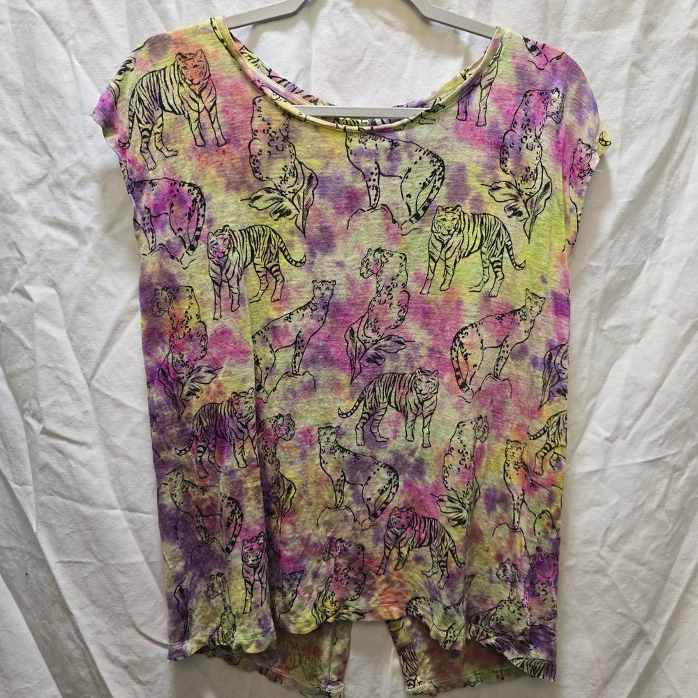 Cynthia Rowley Linen Top Leopard Print Tie Dye Back Button‎ Sleeveless